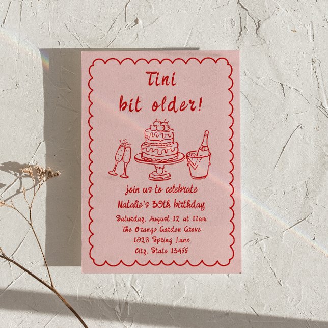30th Red Pink Champagne Cake Quirky Birthday Party Invitation (Creator Uploaded)
