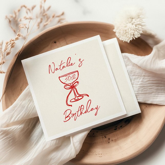 30th Retro Hand Drawn Champagne Bow Glass Birthday Napkins (Creator Uploaded)