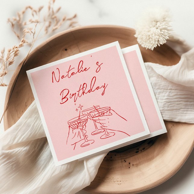 30th Retro Hand Drawn Pink Red Martini Birthday Napkins (Creator Uploaded)