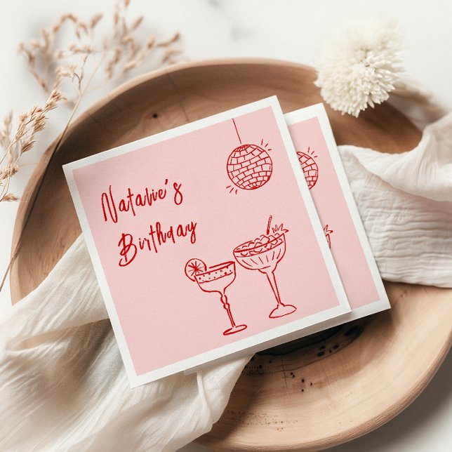 30th Retro Hand Drawn Pink Red Milestone Birthday Napkins (Creator Uploaded)
