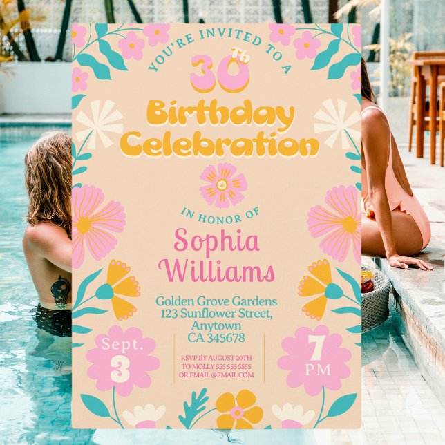 30th Retro Peach Floral Birthday Invitation (Creator Uploaded)