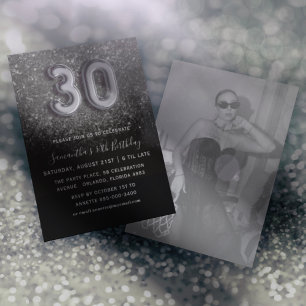 30th Silver & Black Glitter Birthday Party Invitation