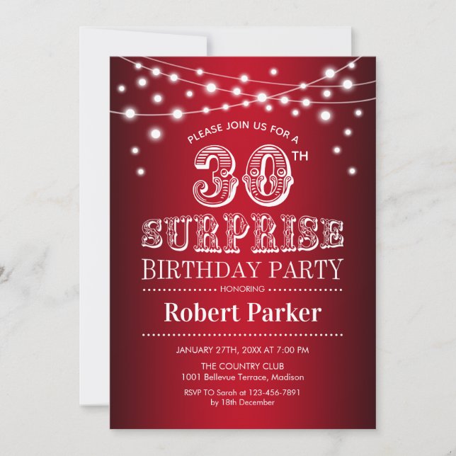 30th Surprise Birthday - Black Red White Invitation (Front)