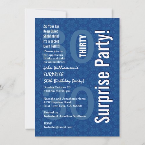 30th Surprise Birthday Blue Geometric Star Flowers Custom Invites
