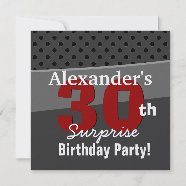 30th Surprise Birthday Charcoal and Red Modern Invitation (Front)