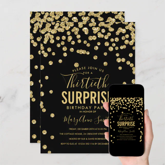 30th Surprise Birthday Gold Black Invitation | Zazzle