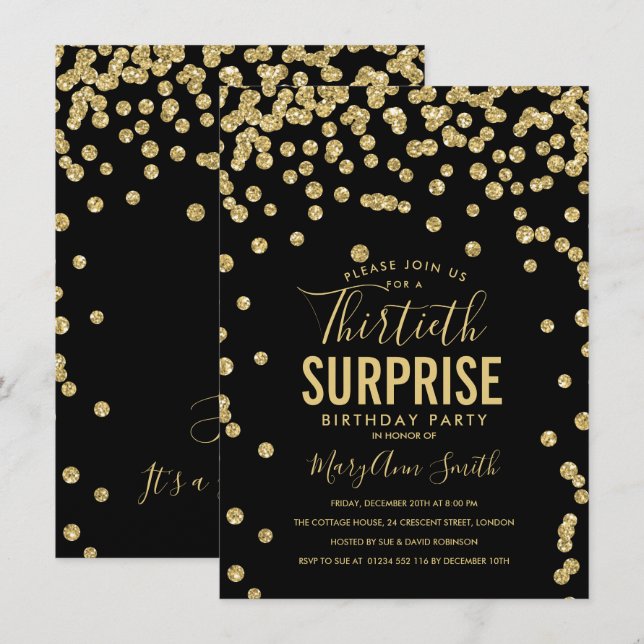 30th Surprise Birthday Gold Black Invitation (Front/Back)