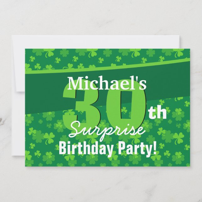 30th Surprise Birthday Green Shamrocks G002C Invitation (Front)