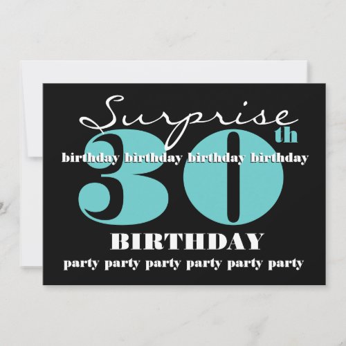 30th SURPRISE Birthday Party Invitation Aqua Black