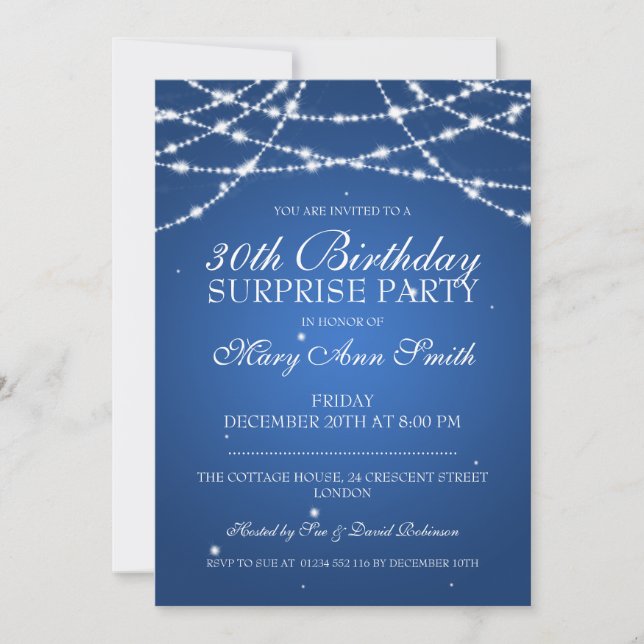 30th Surprise Birthday Party String Stars Blue Invitation (Front)