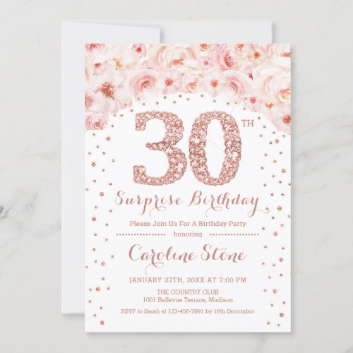30th Surprise Birthday Party _ White Rose Gold Invitation