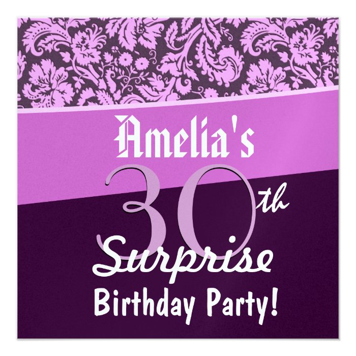 30th Surprise Birthday Purple Damask G421 Custom Announcement