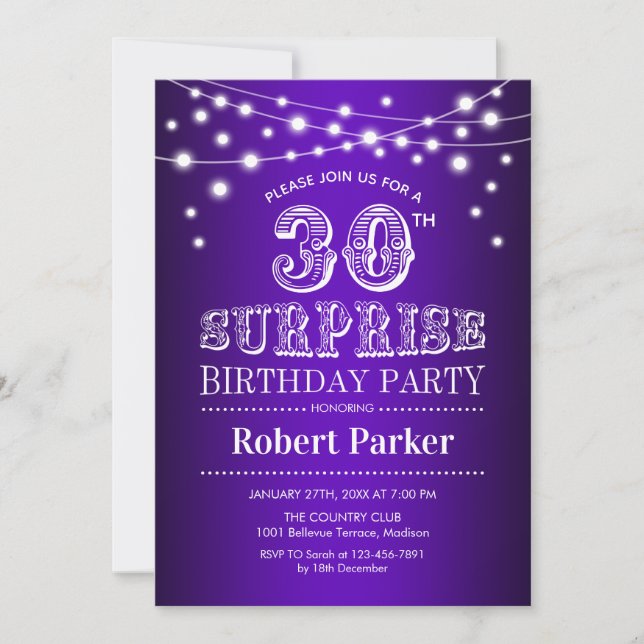 30th Surprise Birthday - Purple White Invitation (Front)