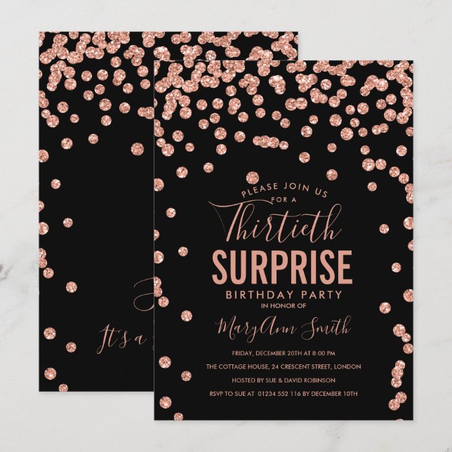 30th Surprise Birthday Rose Gold Black Invitation (Front/Back)