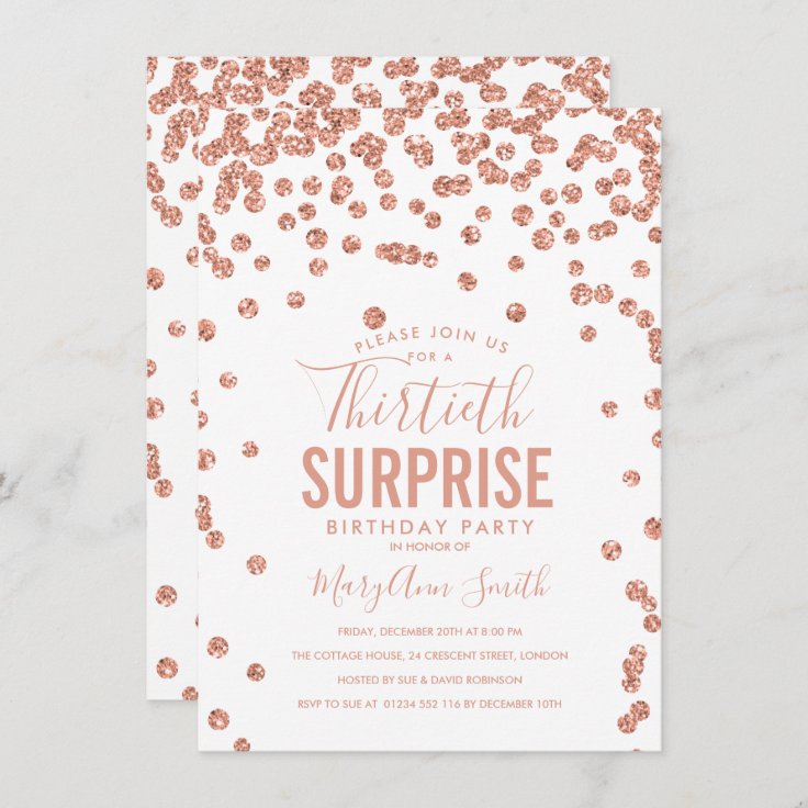 30th Surprise Birthday Rose Gold White Invitation | Zazzle