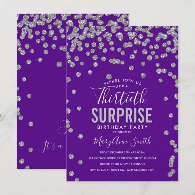 30th Surprise Birthday Silver Purple Invitation (Front/Back)