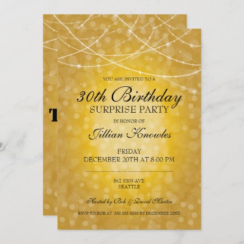 30th Surprise Party Gold Bokeh String Lights Invitation