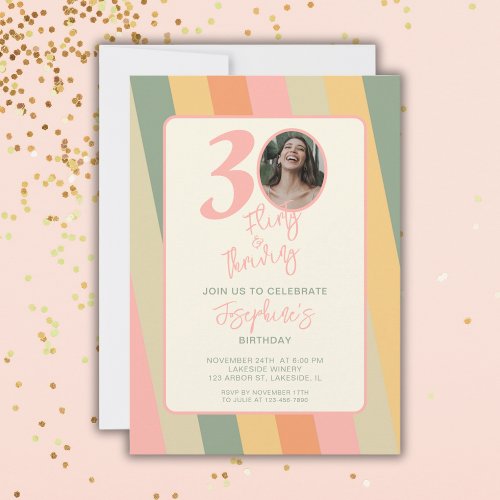 30th Thirty Flirty Thriving Boho Pink Photo Invitation