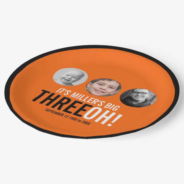 30th Three OH! photo birthday orange and black Paper Plates (Angled)