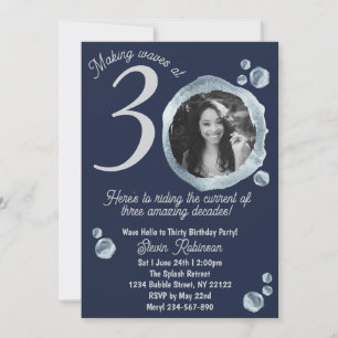 30th Twilight Blue Bubbles Birthday Party Photo Invitation