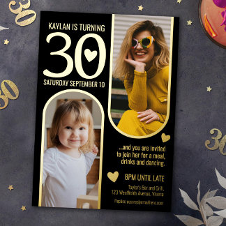 30th two arches birthday black gold hearts foil invitation