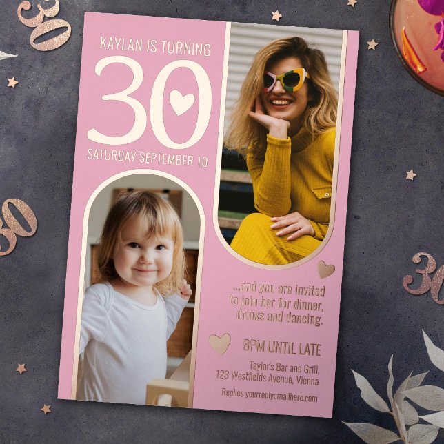 30th two arches birthday pink rose gold hearts foil invitation (Creator Uploaded)