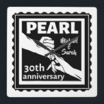 30th wedding anniversary black and white romantic square wall clock<br><div class="desc">If you would like any help customizing this design, please use the ask this designer button, just below this text. A black and white design to mark your 30th, 30 years wedding anniversary. An illustration of a husband and wife holding hands. The text reads pearl which is a traditional gift...</div>
