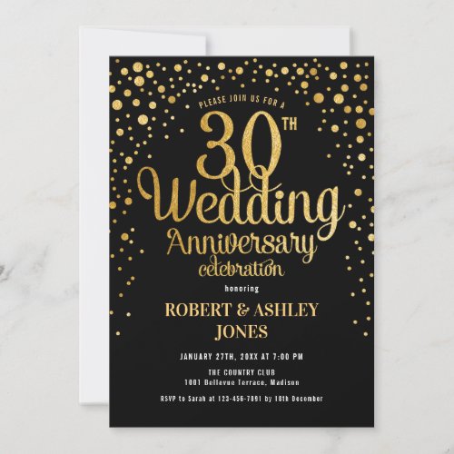 30th Wedding Anniversary _ Black  Gold Invitation