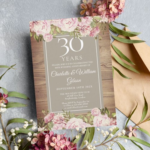 30th Wedding Anniversary Boho Rustic Roses Invitation
