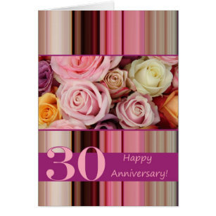 30th Wedding Anniversary Card -Pastel roses stripe