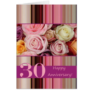30th Wedding Anniversary Card -Pastel roses stripe
