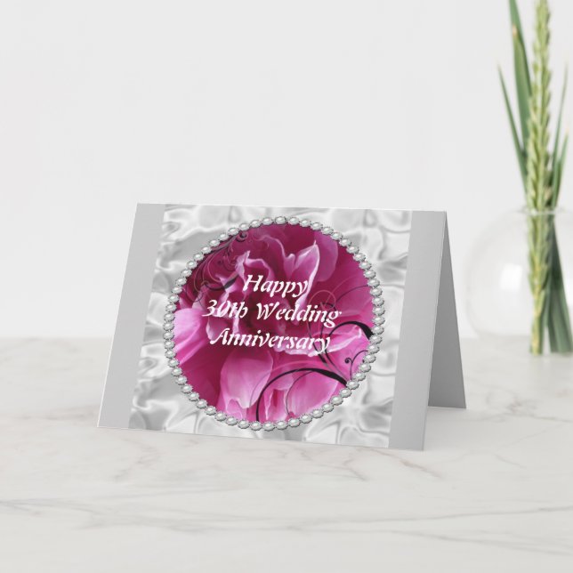 30th Wedding Anniversary Card, Pearls & Pink Flora Card (Front)