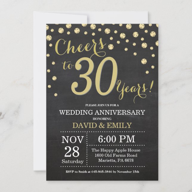 30th Wedding Anniversary Chalkboard Black and Gold Invitation (Front)