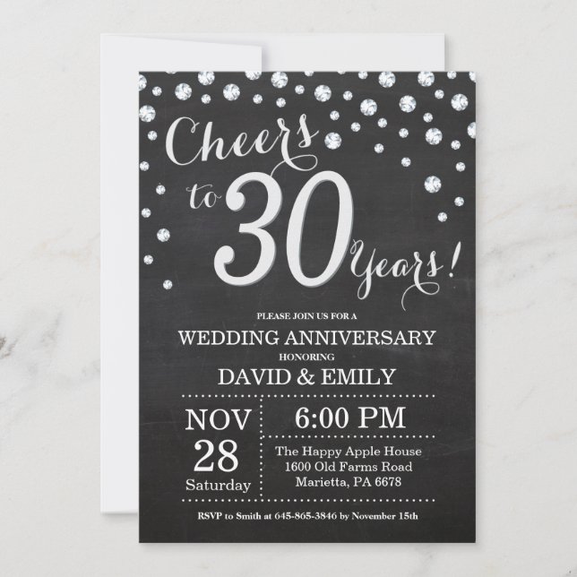 30th Wedding Anniversary Chalkboard Black Silver Invitation (Front)