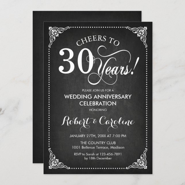 30th Wedding Anniversary - Chalkboard White Invitation (Front/Back)