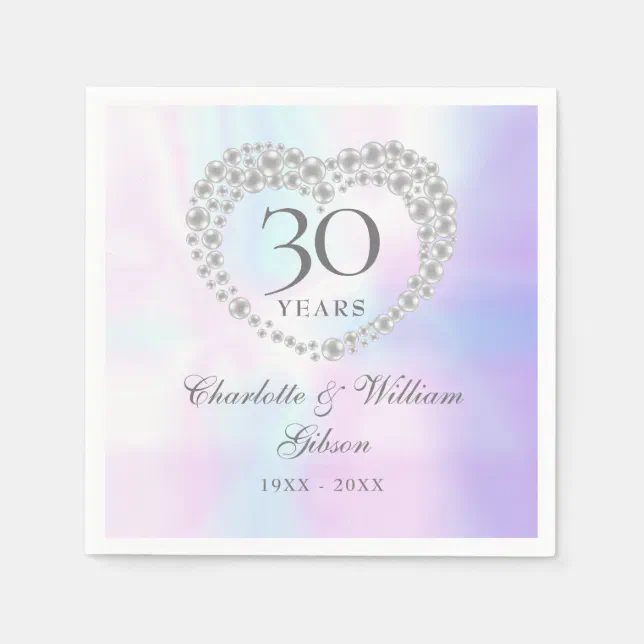 30th Wedding Anniversary Chic Pearl Heart Napkins | Zazzle