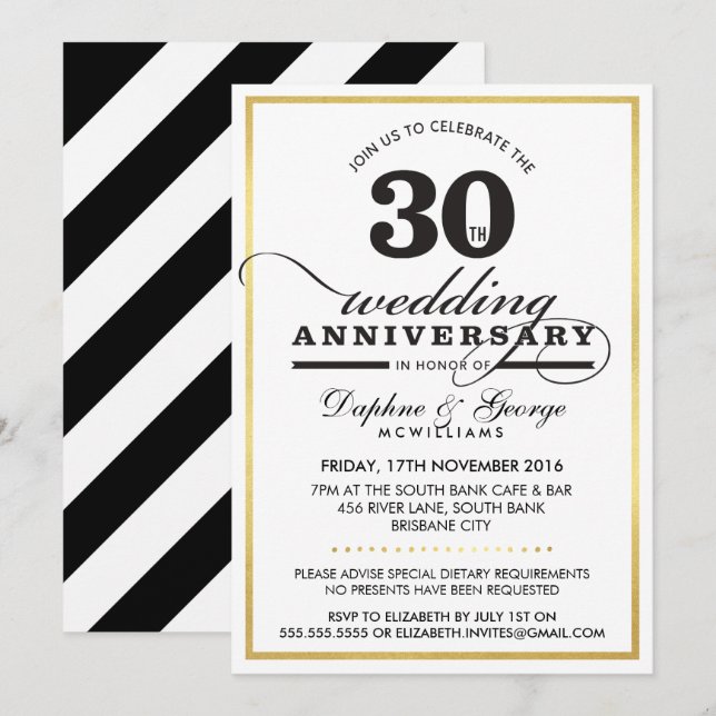 30TH WEDDING ANNIVERSARY classy stylish gold black Invitation (Front/Back)