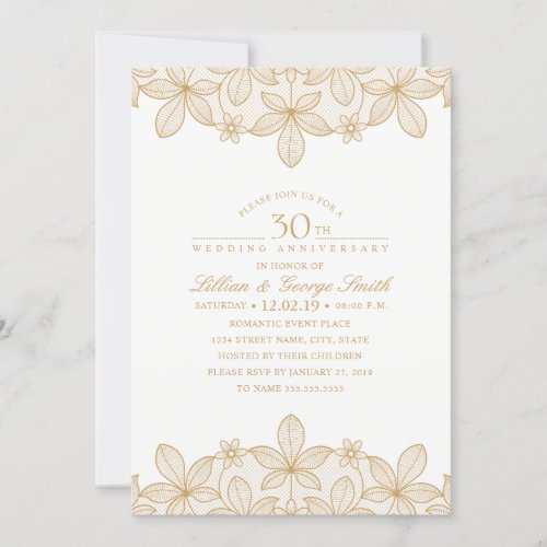 30th Wedding Anniversary Elegant Golden Lace Invitation