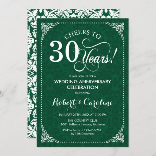 30th Wedding Anniversary Emerald Green Damask Invitation