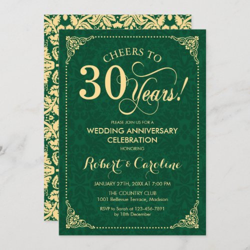 30th Wedding Anniversary Emerald Green Gold Damask Invitation