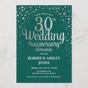 30th Wedding Anniversary - Emerald Green & Silver Invitation