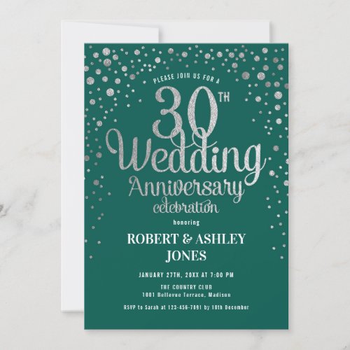 30th Wedding Anniversary _ Emerald Green  Silver Invitation