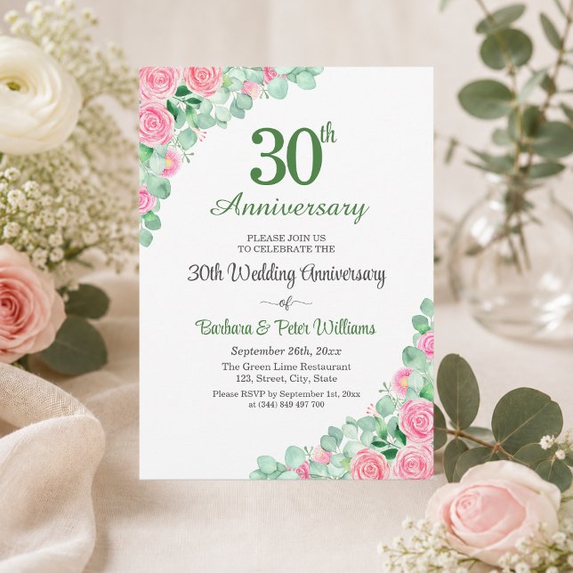 30th Wedding Anniversary Eucalyptus Roses Invitation (Creator Uploaded)