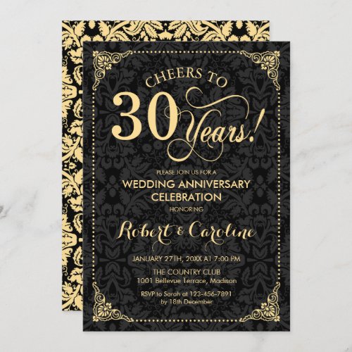 30th Wedding Anniversary _ Gold Black Damask Invitation