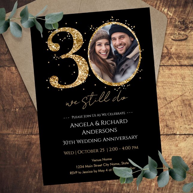 30th Wedding Anniversary Gold Glitter Photo Invitation (Creator Uploaded)