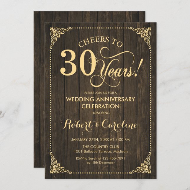 30th Wedding Anniversary - Gold Wood Invitation (Front/Back)