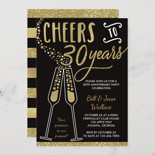 30th Wedding Anniversary Invitation, Faux Glitter Invitation (Front/Back)