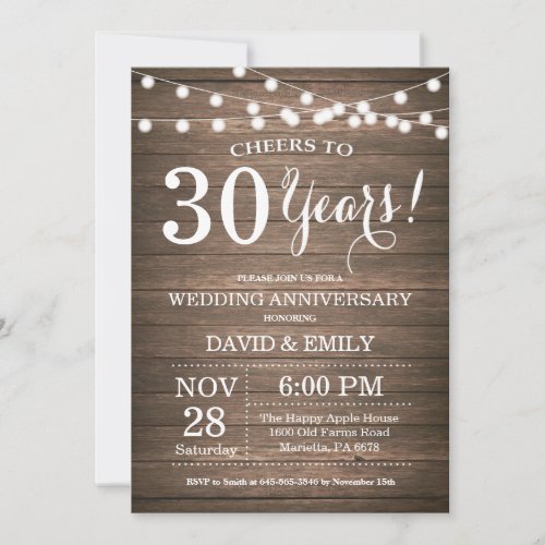 30th Wedding Anniversary Invitation Rustic Wood