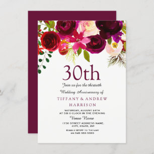 30th Wedding Anniversary Invite Burgundy Flowers