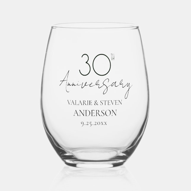 30th Wedding Anniversary Keepsake Stemless Wine Glass (Front)